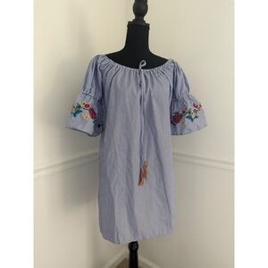 Striped Dress Floral Embroidered Bell short Sleeve Tunic mini women size‎ M